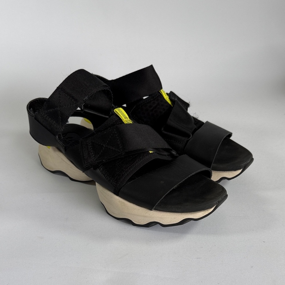 Women’s Sorel Black 8 Platform Sport Sandals with Cream Sole and Yellow Accents